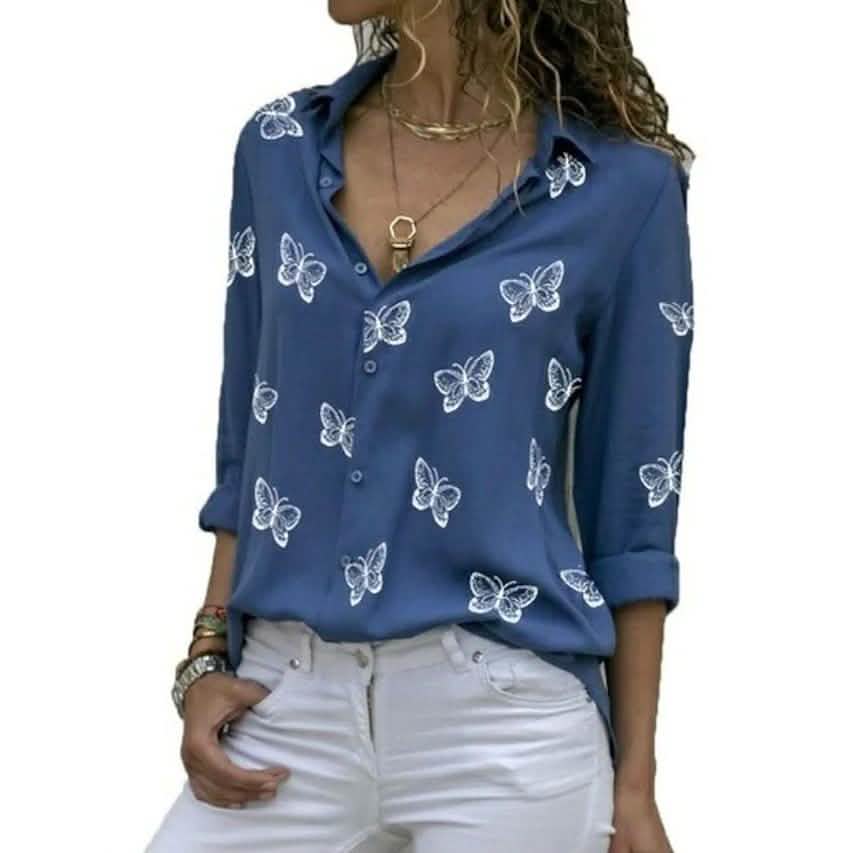 Women's Butterfly Long Sleeve Print Shirt Collar Basic Tops – Rovqina